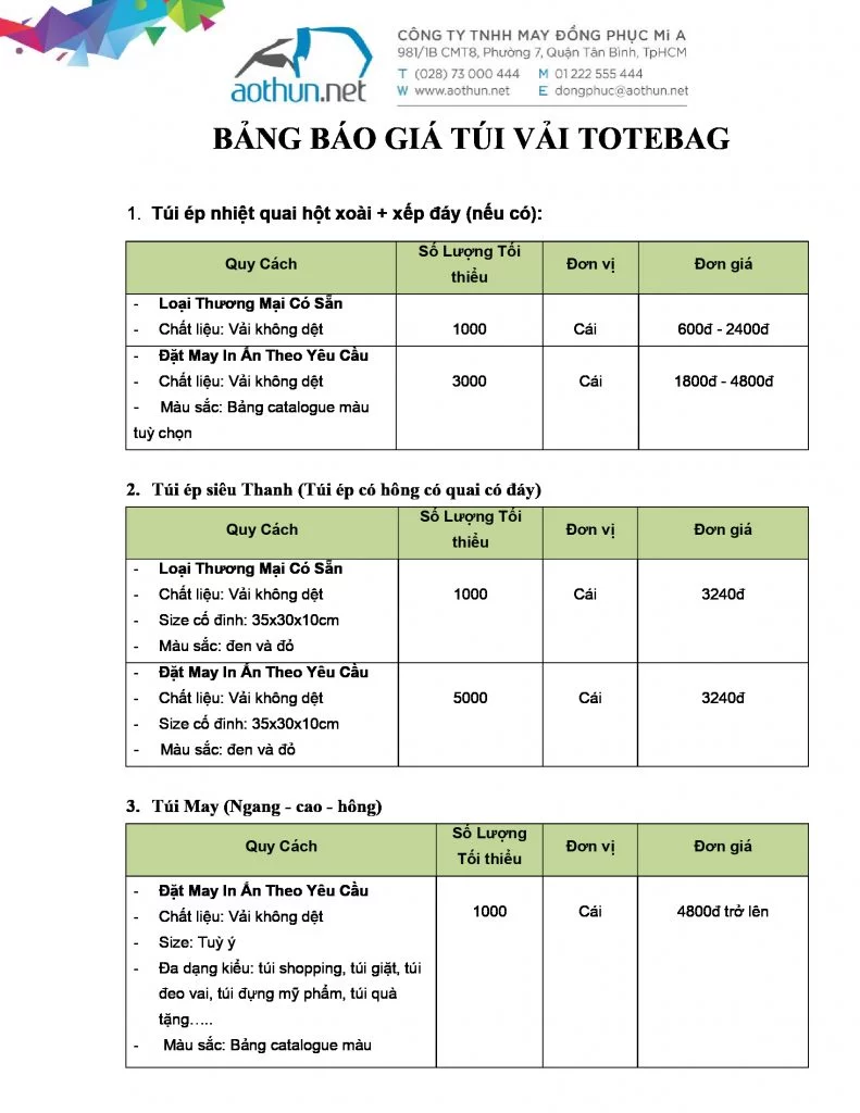 Bảng giá túi vải không dệt Bảng giá túi vải không dệt