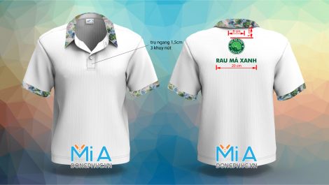 Áo thun cổ sơ mi trụ cài nút màu trắng phối họa tiết Rau Má Xanh