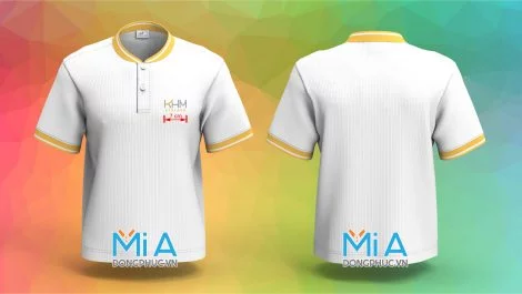 Áo thun đồng phục cổ bo ngắn trụ cài nút màu trắng bo cam sọc trắng