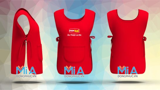 Tạp dề 2 thân cổ tròn màu đỏ cho brand thực phẩm pope kai