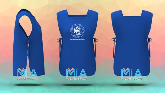 Tạp dề 2 thân cổ vuông màu xanh cô da in logo cửa hàng thực phẩm Cá tươi 24h