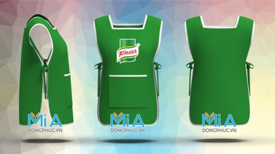 Tạp dề 2 thân cổ vuông màu xanh lá viền trắng, in logo Knorr, có túi lớn phía trước cho nhân viên sampling và pha chế