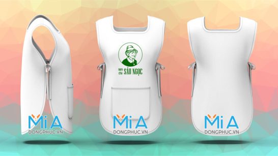 Tạp dề 2 thân vạt bầu màu trắng thêu logo cửa hàng Nem Chả Sáu Ngọc