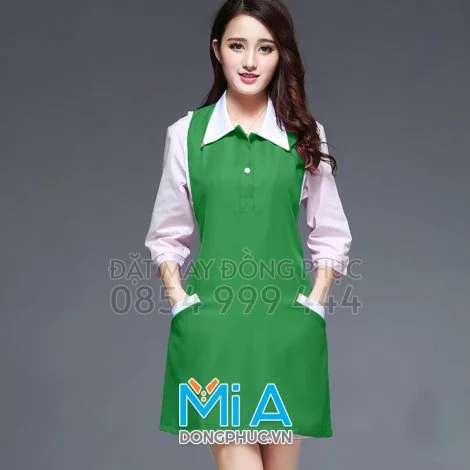 Tạp dề cổ trụ màu xanh két phối trắng