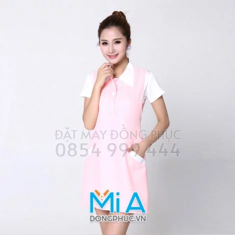 Tạp dề cổ trụ màu hồng phấn phối trắng