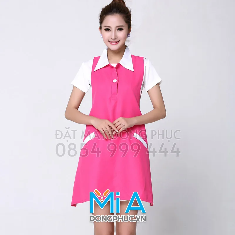 Tạp dề cổ trụ màu hồng sen phối trắng