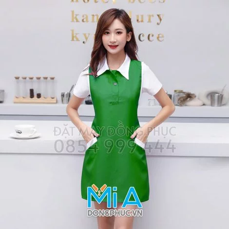 Tạp dề cổ trụ màu xanh két phối trắng