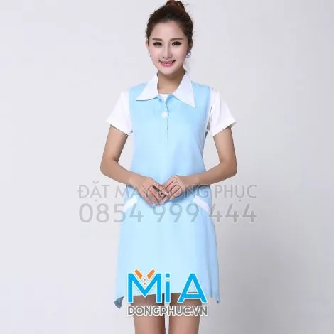 Tạp dề cổ trụ màu xanh thiên thanh phối trắng