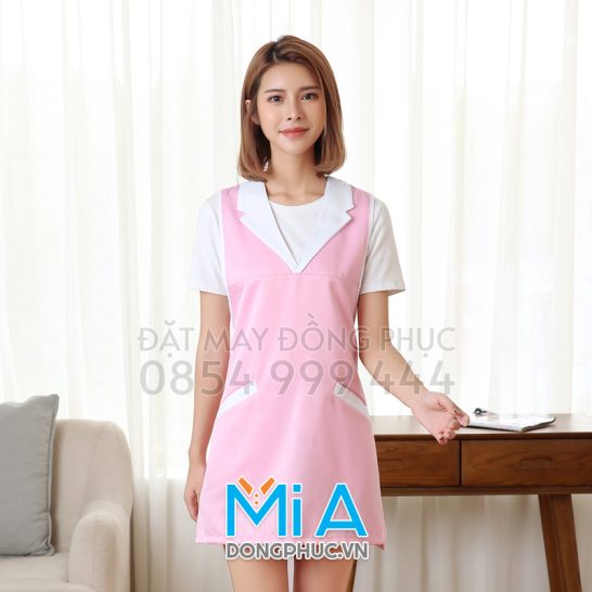 Tạp dề áo vest màu hồng phấn phối trắng