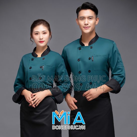 Áo đầu bếp màu xanh cô ban phối đen