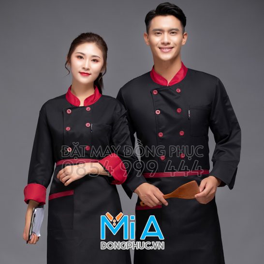 Áo đầu bếp màu đen phối đỏ đô