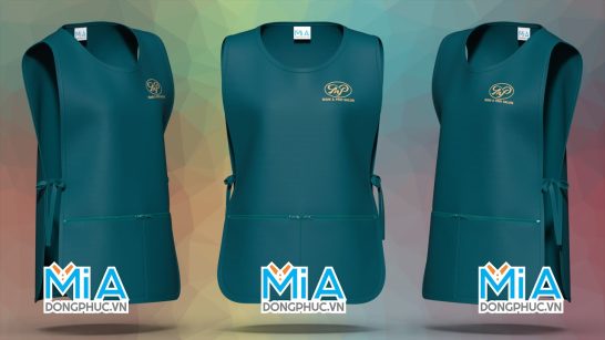 Tạp dề 2 thân màu xanh cô ban, cổ tròn, túi lớn có khóa kéo ngang, thêu logo Mani and Pedi Salon cho nhân viên tiệm nail Tạp dề 2 thân màu xanh cô ban, cổ tròn, túi lớn có khóa kéo ngang, thêu logo Mani and Pedi Salon cho nhân viên tiệm nail