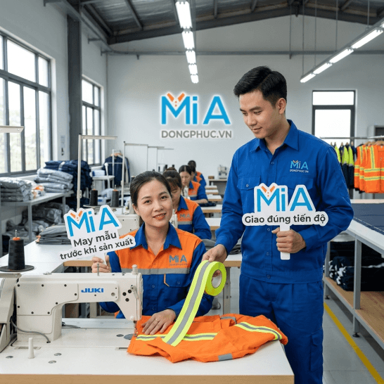 Hai nhân viên xưởng may đồng phục Mi A trong nhà xưởng giới thiệu dịch vụ may đồng phục bảo hộ