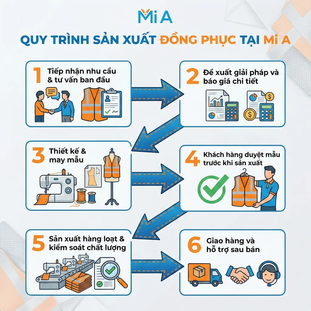 Quy trình sản xuất đồng phục tại xưởng may Mi A