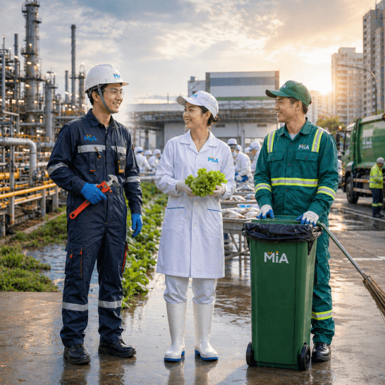 Ba nhân viên mặc đồng phục bảo hộ Mi A trong môi trường hóa chất – dầu khí, nông nghiệp – thủy sản và vệ sinh môi trường, tương tác với nhau, thể hiện an toàn và chuyên nghiệp