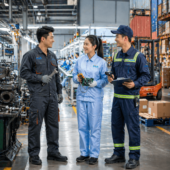 Ba nhân viên Việt Nam mặc đồng phục bảo hộ Mi A trong môi trường cơ khí, lắp ráp điện tử và kho vận, tương tác với nhau, thể hiện an toàn và chuyên nghiệp