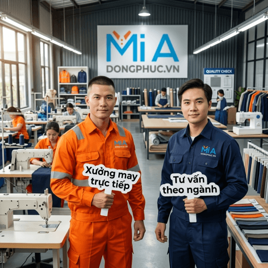 Hai nhân viên xưởng may đồng phục Mi A trong nhà xưởng, một người mặc đồ bảo hộ màu cam và một người mặc đồng phục xanh navy, cầm bảng giới thiệu dịch vụ