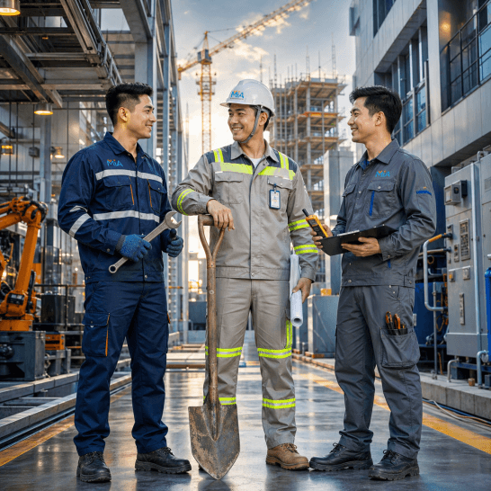Kỹ sư và công nhân mặc đồng phục bảo hộ lao động tại công trình xây dựng và nhà máy