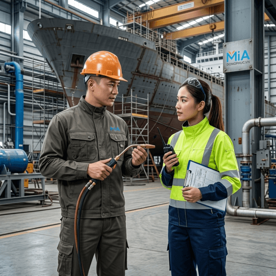 Kỹ sư và công nhân mặc đồng phục bảo hộ lao động và áo phản quang tại công trường đóng tàu, đảm bảo an toàn khi làm việc.