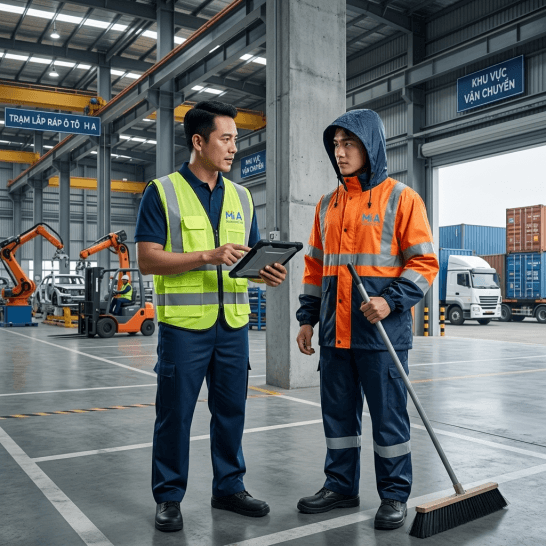 Nhân viên mặc áo gile phản quang và áo bảo hộ có mũ tại công trường, đảm bảo an toàn và tiện dụng.