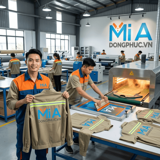 Áo bảo hộ lao động được in lụa logo tại Mi A, máy sấy công nghiệp để màu bám chắc