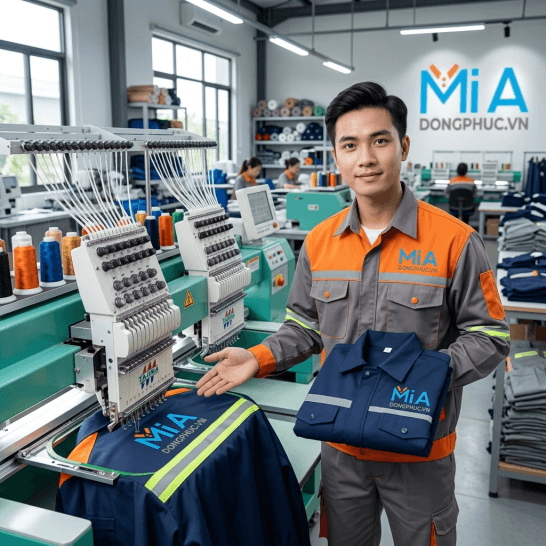 Áo bảo hộ lao động thêu logo trực tiếp tại Xưởng May Đồng Phục Mi A