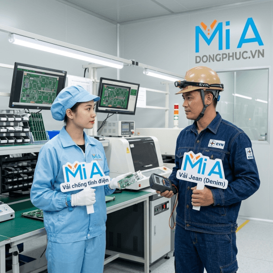 Công nhân sản xuất bo mạch mặc đồ chống tĩnh điện và nhân viên điện lực mặc đồ vải jean, so sánh độ an toàn và độ bền trong môi trường kỹ thuật