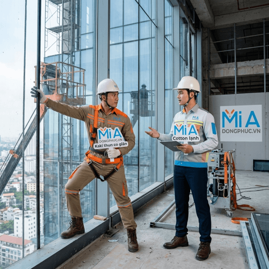 Đồng phục bảo hộ lao động của Kỹ thuật viên lắp kính và kỹ sư giám sát tại công trường may bằng vải Kaki thun và Cotton lạnh