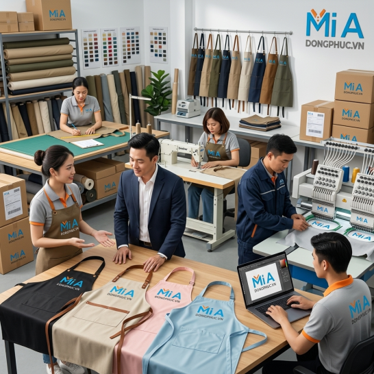 May tạp dề đeo cổ tại xưởng Mi A theo quy trình từ tư vấn, thiết kế đến sản xuất và giao hàng