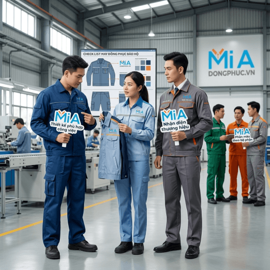 Nhân viên kỹ thuật tư vấn thiết kế đồng phục bảo hộ trong nhà máy, minh họa túi áo, logo thêu và phân màu theo bộ phận