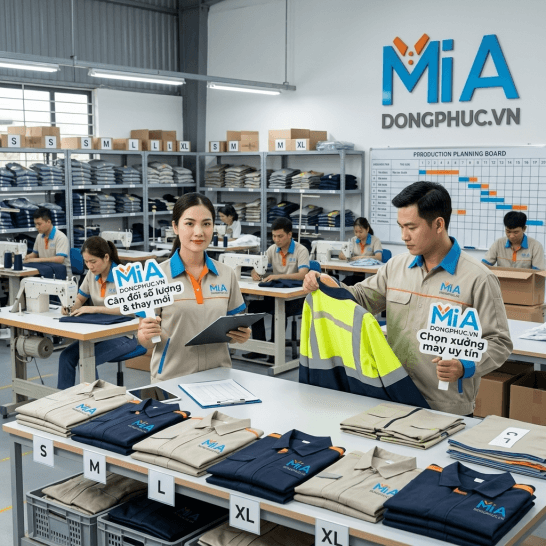 Nhân viên xưởng may Mi A kiểm tra số lượng và chất lượng đồng phục bảo hộ, thể hiện kế hoạch thay mới và quy trình sản xuất chuyên nghiệp