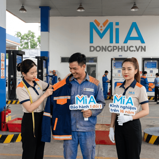 Thợ may Mi A ướm áo bảo hộ mới cho nhân viên trạm xăng, thể hiện bảo hành 1 đổi 1 và kinh nghiệm hơn 16 năm sản xuất đồng phục