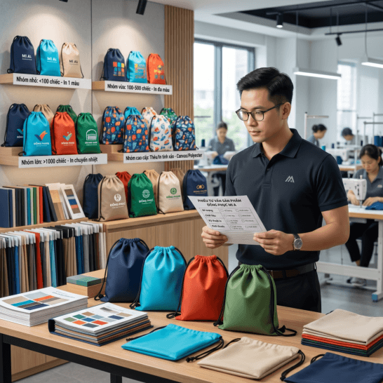 Khách hàng đang xem bảng tư vấn đặt may túi dây rút tại xưởng sản xuất và lựa chọn mẫu phù hợp.