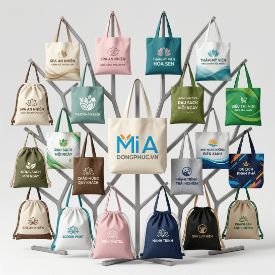 Mẫu túi tote và túi dây rút in logo theo yêu cầu dành cho spa, cửa hàng thực phẩm sạch, siêu thị mini, khách sạn và resort Mẫu túi tote và túi dây rút in logo theo yêu cầu dành cho spa, cửa hàng thực phẩm sạch, siêu thị mini, khách sạn và resort