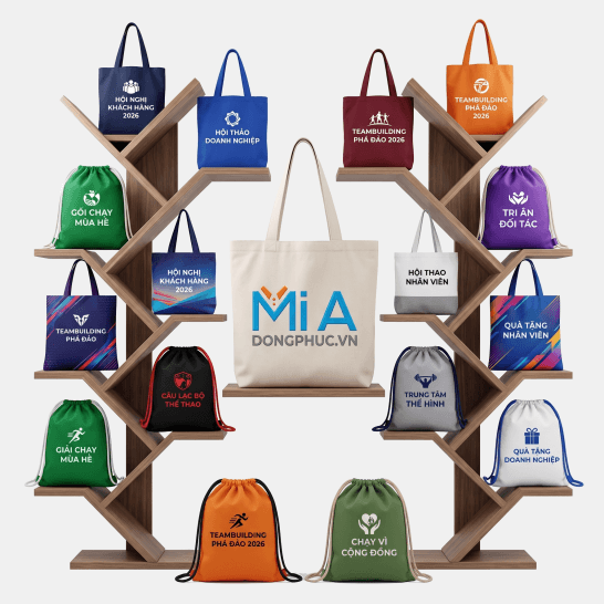 Mẫu túi tote và túi dây rút in logo theo yêu cầu dành cho sự kiện, hội nghị, teambuilding, gym và thể thao Mẫu túi tote và túi dây rút in logo theo yêu cầu dành cho sự kiện, hội nghị, teambuilding, gym và thể thao