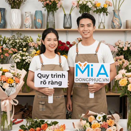 Người mẫu mặc tạp dề đeo vai phối vải caro tại workshop hoa nghệ thuật giới thiệu quy trình đặt may tạp dề rõ ràng