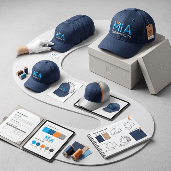 Quy trình đặt may mũ lưỡi trai đồng phục gồm tư vấn, thiết kế mockup, may mẫu, sản xuất và giao hàng