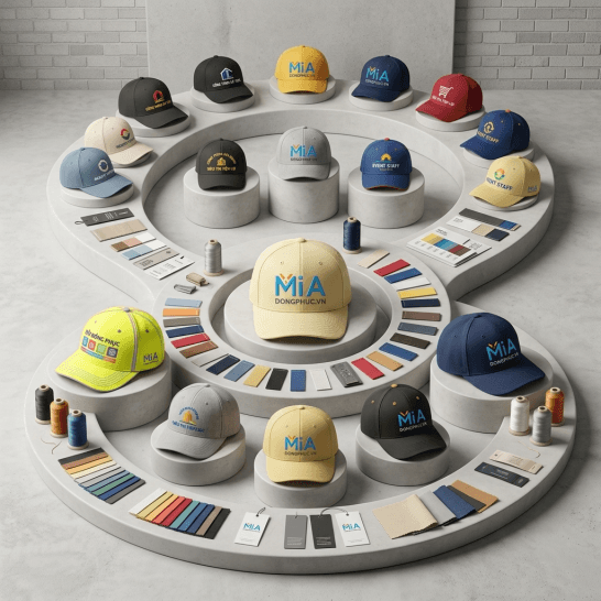 Quy trình sản xuất mũ lưỡi trai đồng phục từ thiết kế logo, dựng mockup, may mẫu đến sản xuất hàng loạt tại xưởng Mi A