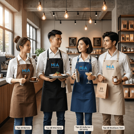 Tạp dề đeo vai cho nhân viên F&B và bán lẻ trong không gian quán cà phê hiện đại