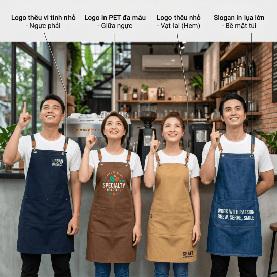 Tạp dề đeo vai có thể in thêu vị trí nào?
