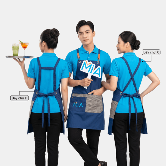 Tạp dề đeo vai đồng phục với hai kiểu dây chữ H và dây chữ X phía sau, may theo yêu cầu cho quán cafe, nhà hàng và ngành F&B