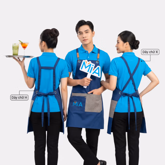 Tạp dề đeo vai đồng phục với hai kiểu dây chữ H và dây chữ X phía sau, may theo yêu cầu cho quán cafe, nhà hàng và ngành F&B