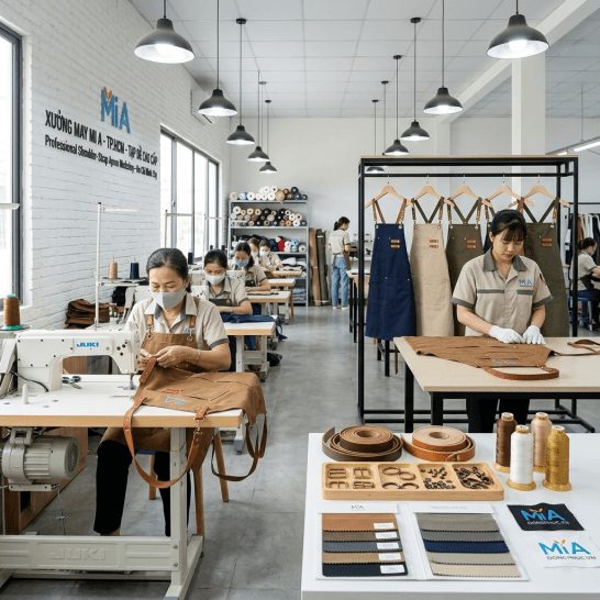 Tạp dề đeo vai may trực tiếp tại Xưởng Mi A với quy trình sản xuất, kiểm tra chất lượng và lắp phụ kiện đồng bộ