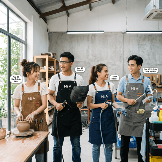 Thợ thủ công và nhân viên kỹ thuật mặc tạp dề đeo vai trong môi trường làm việc thực tế và chuyên nghiệp