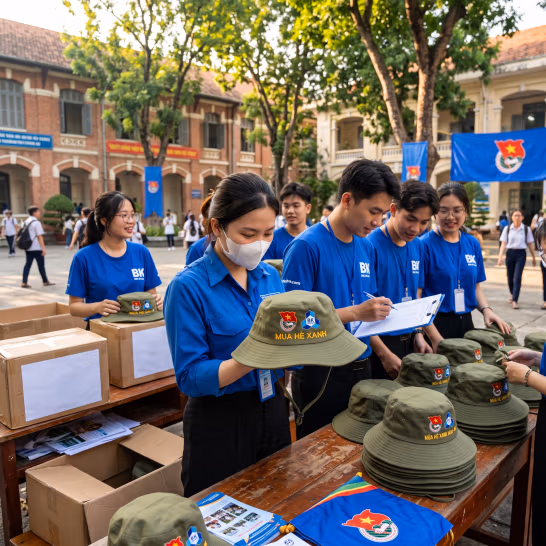 Cán bộ Đoàn kiểm tra nón tai bèo Mùa Hè Xanh trước khi phát cho đội tình nguyện