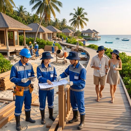 Công nhân công trình và du khách sử dụng mũ tai bèo trong các hoạt động ngoài trời