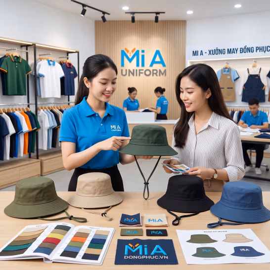 Khách hàng được tư vấn chọn mũ tai bèo theo mục đích sử dụng trước khi đặt may