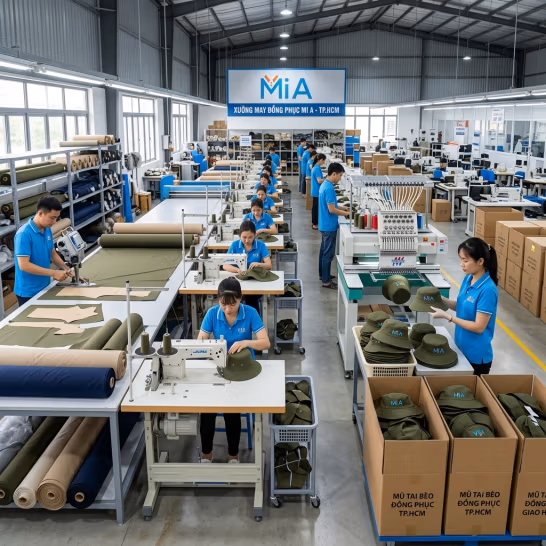 Sản xuất mũ tai bèo tại xưởng Mi A với các công đoạn cắt, may, thêu logo và kiểm tra chất lượng