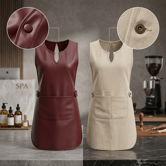 Tạp dề 2 thân chất liệu giả da PU và Canvas phong cách cao cấp cho quán cafe, spa, salon.