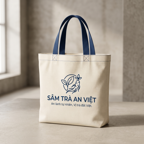 Túi vải bố quai ngắn màu be phối quai xanh navy in logo thương hiệu Túi vải bố quai ngắn màu be phối quai xanh navy in logo thương hiệu